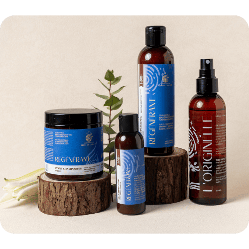 REGENERANT Rituel Régénérant : un soin professionnel conçu pour accompagner les cuirs chevelus saturés par les produits de synthèse et révéler l’éclat naturel des cheveux poivre et sel.
